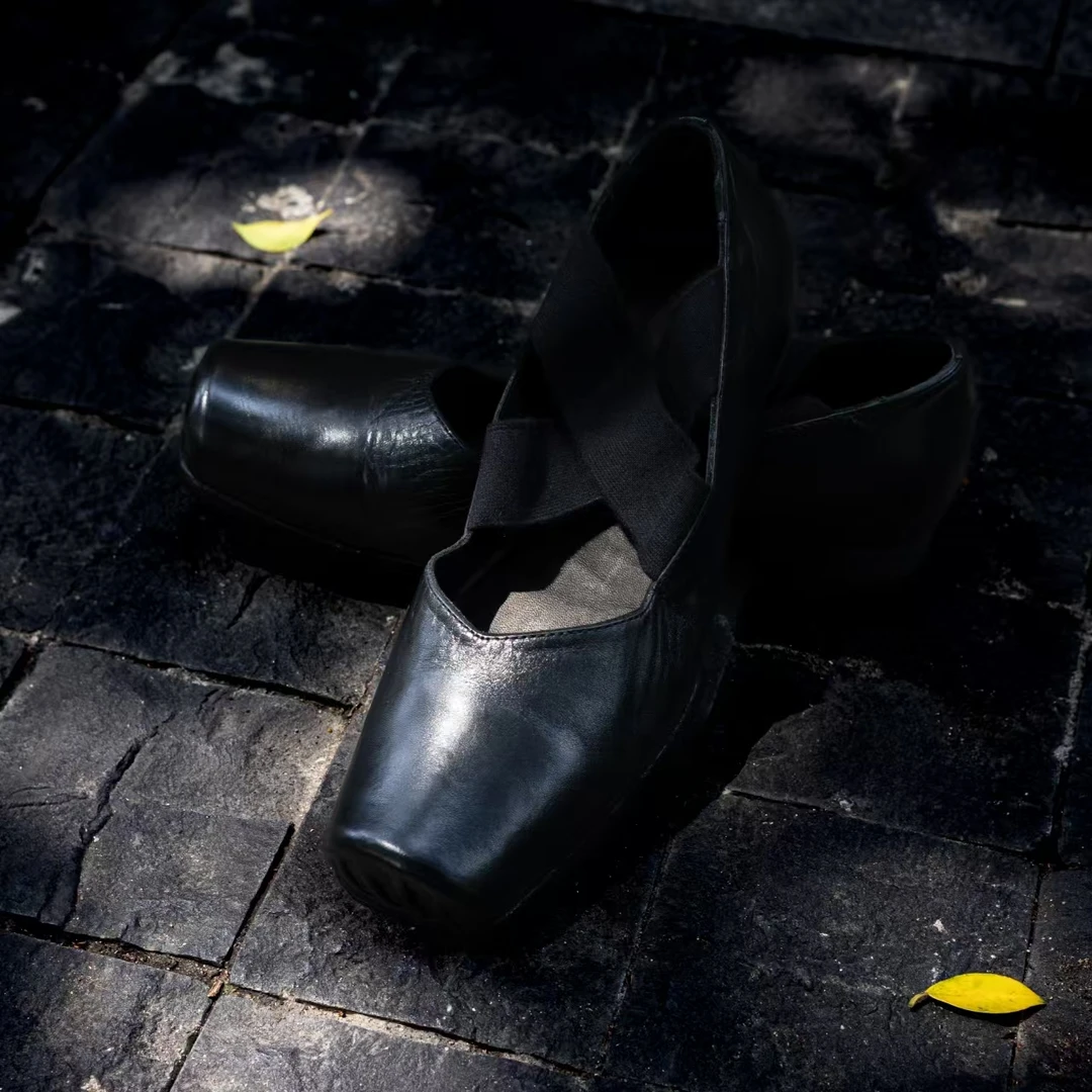 普森水洗做旧粗跟高跟单鞋交叉扣带芭蕾18492