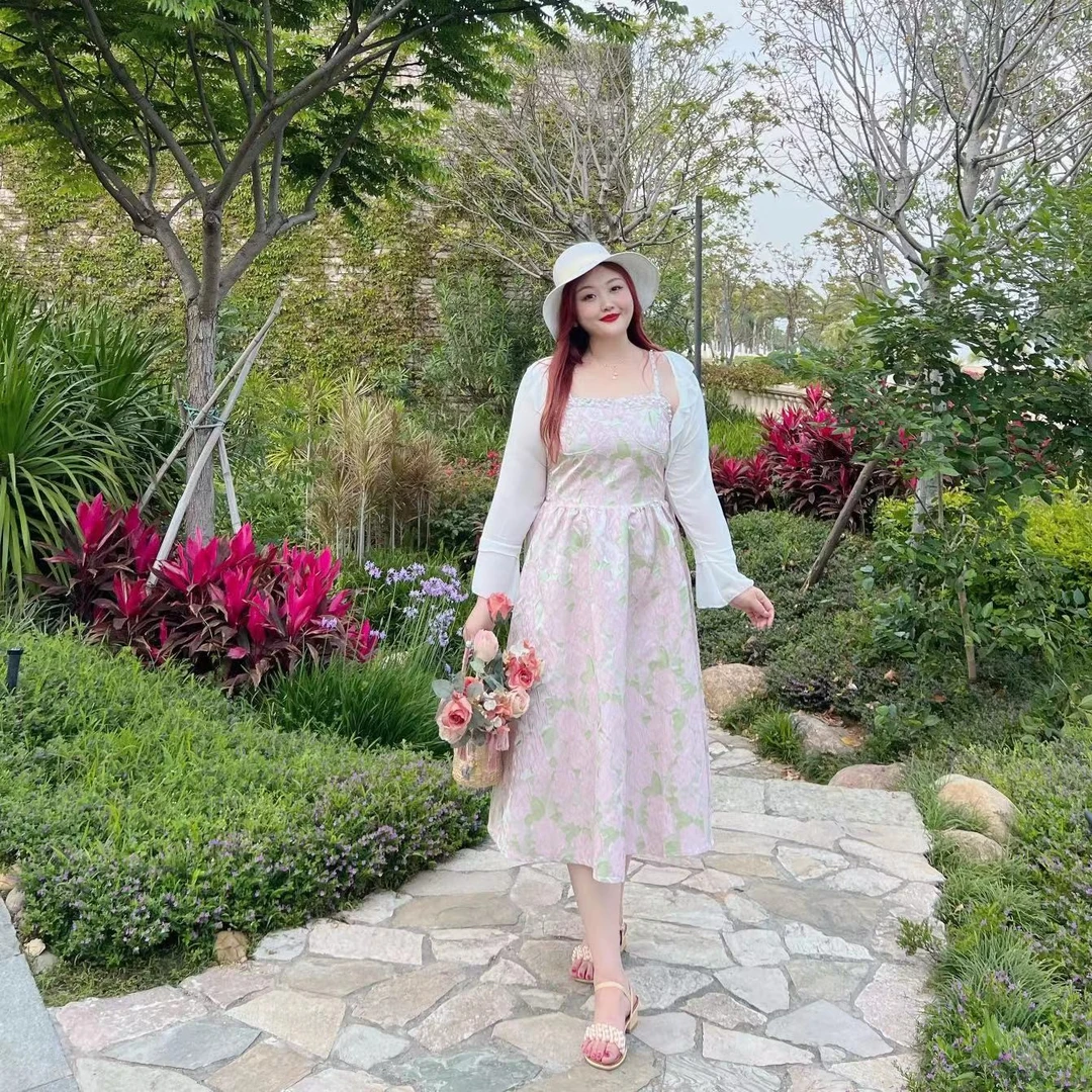 【城堡少女】钻石家大码粉色提花胖mm吊带裙 DOP2337