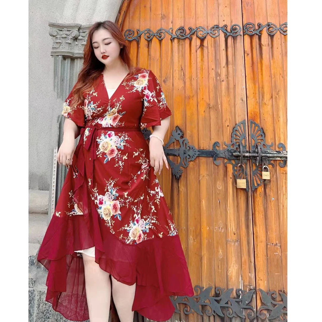 【红丝绒玫瑰花长裙】钻石家大码轻奢一片式胖mm连衣裙 DOP2368