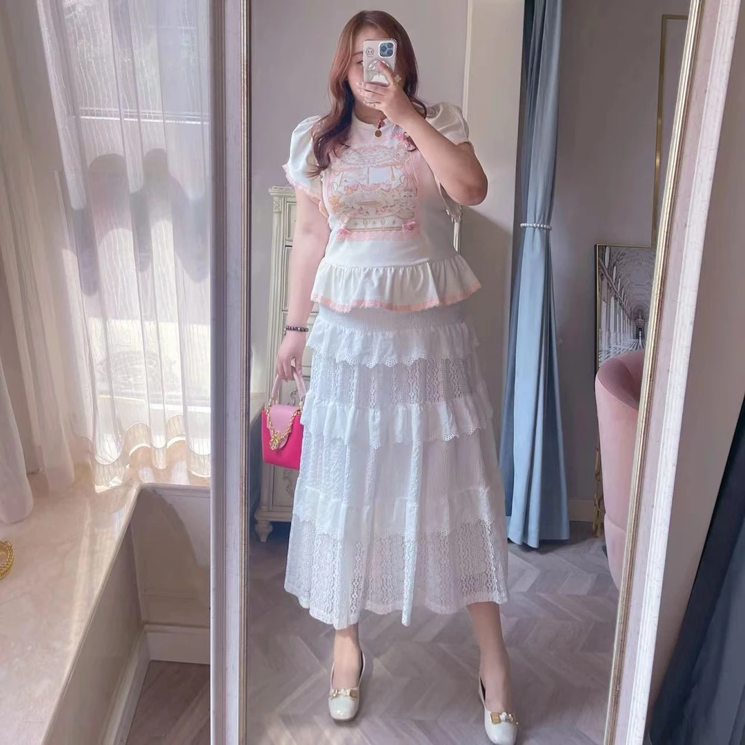 【重磅蕾丝蛋糕裙】钻石家大码轻奢白色花边拼接蕾丝半身裙 DBQ2408