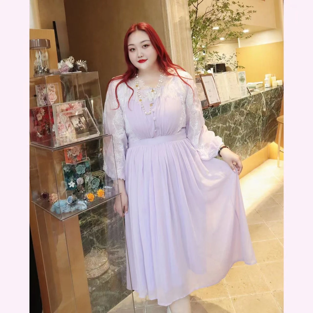 【花房少女】钻石家大码轻奢紫色高端胖mm长袖连衣裙 DOP23107