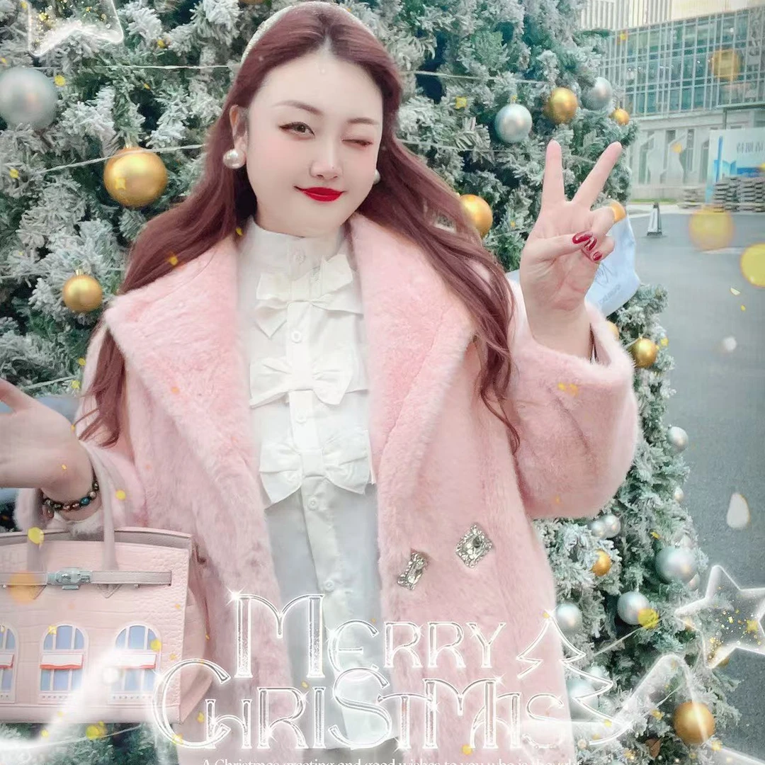 【粉色泰迪】钻石家大码轻奢毛毛环保毛粉色减龄外套大衣 DDY2403