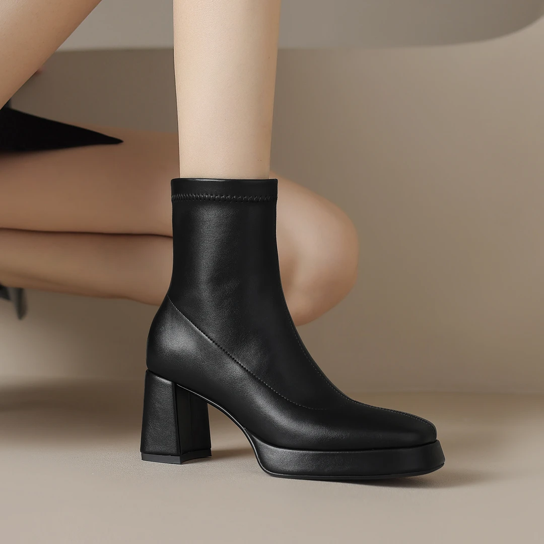 【跟高6cm】弹力靴女短靴小个子瘦瘦靴女高跟方头粗跟百搭显瘦靴子