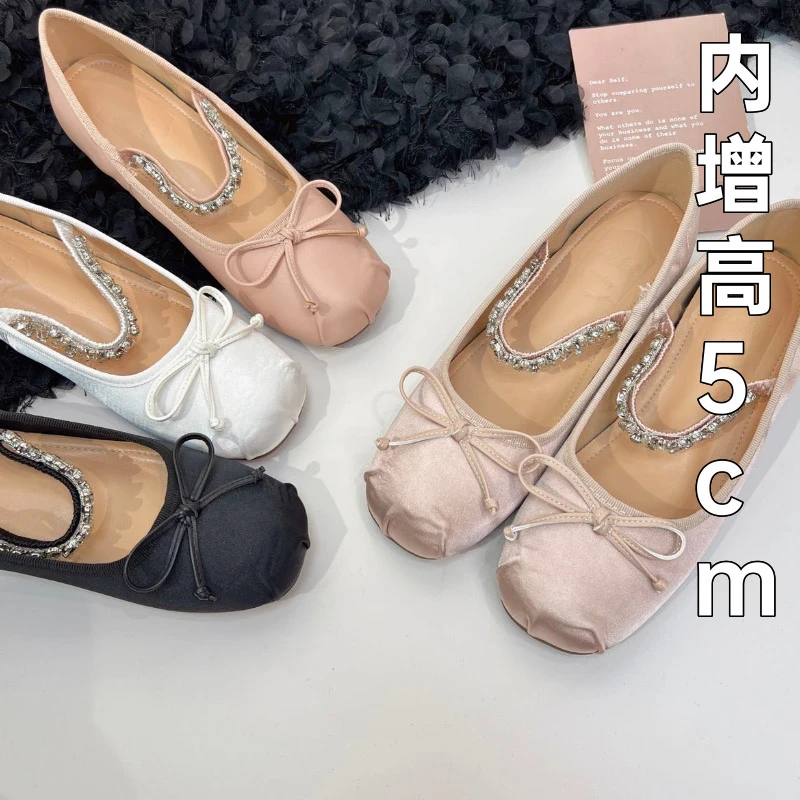 圆头内增高5CM粉色芭蕾舞单鞋女春秋玛丽珍水钻晚晚风小个子女鞋