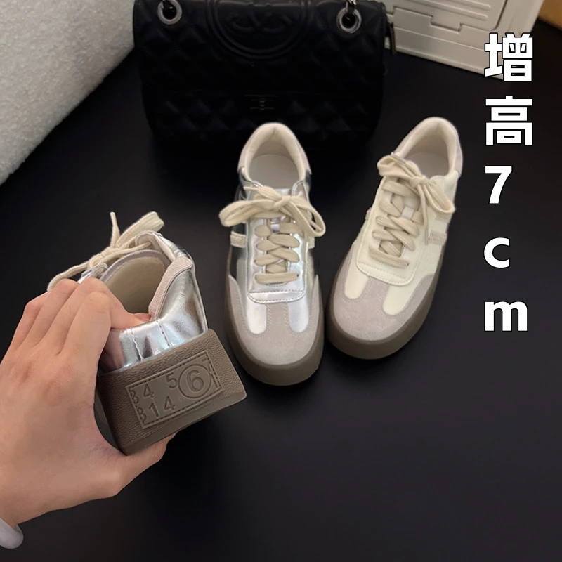 德训鞋女款银色2024新款秋季厚底增高小个子蕾丝休闲复古运动板鞋