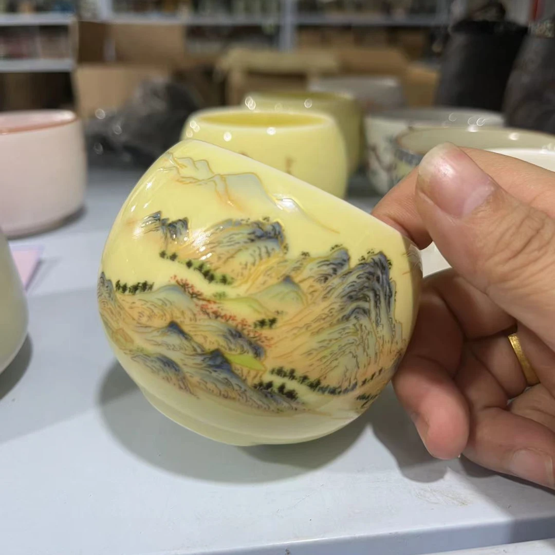 千里江山个人杯黄色主人杯陶瓷