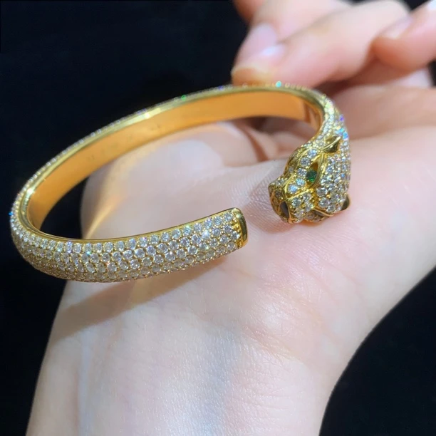 足金999 黄金5G工艺 满钻豹子开口手镯