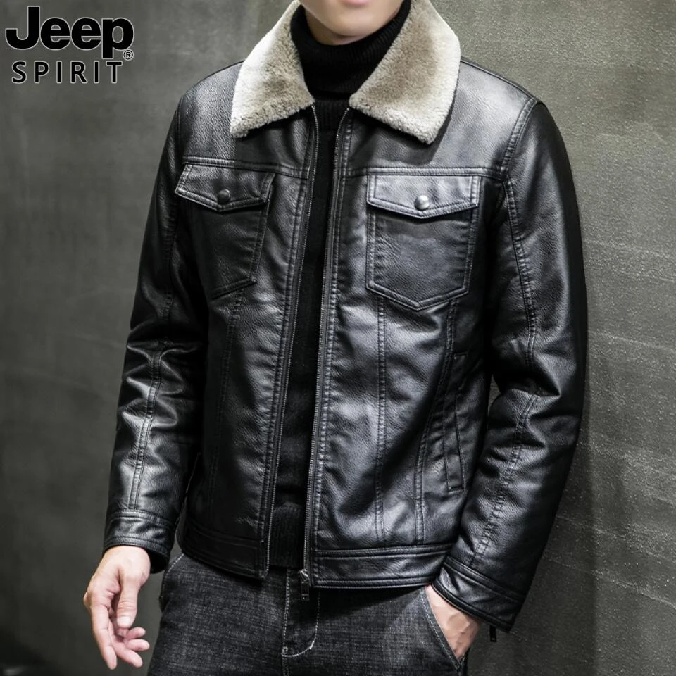 Jeep吉普秋冬皮夹克男士皮毛一体毛领皮衣加绒加厚韩版翻领外套潮