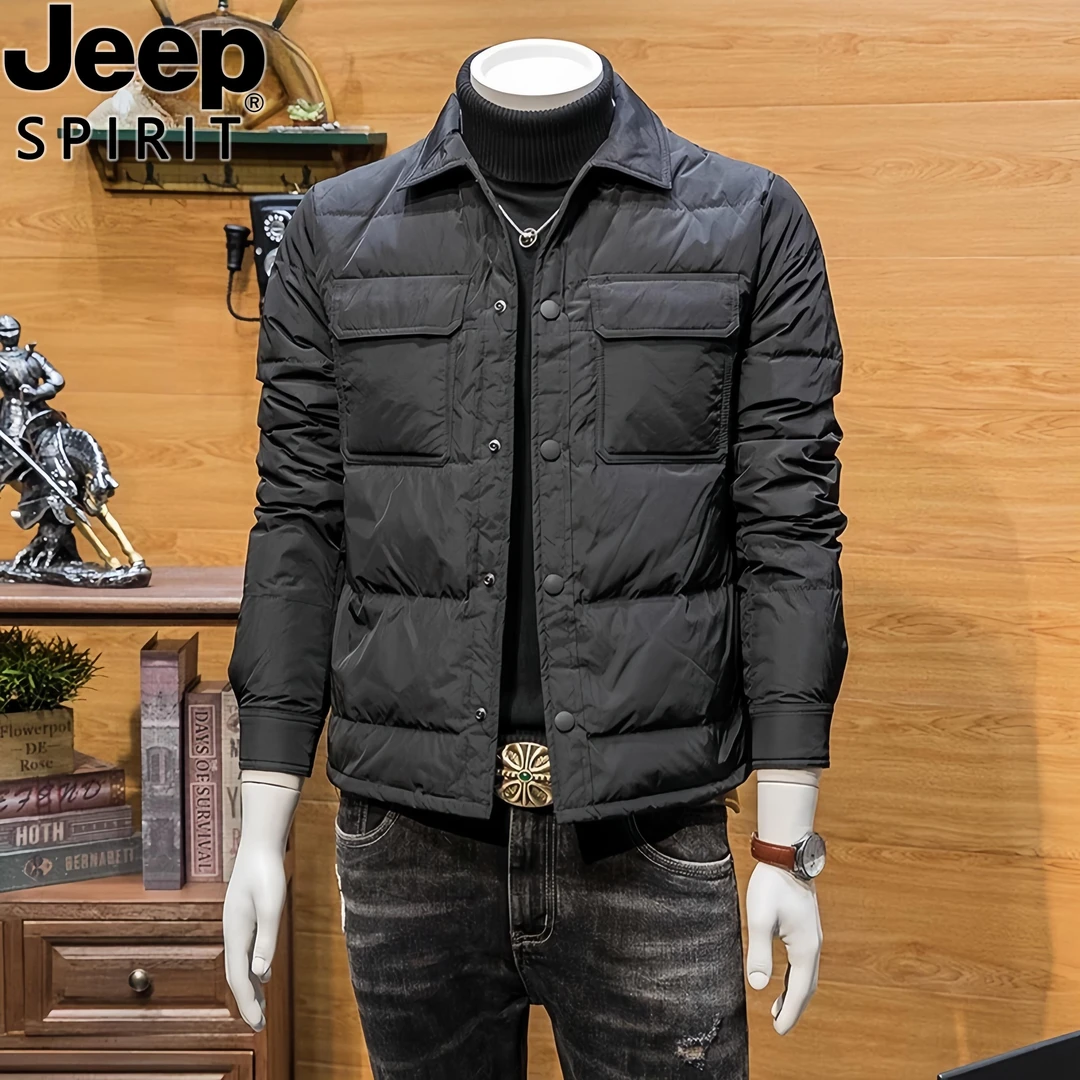 Jeep吉普秋冬男士轻薄翻领衬衫羽绒服时尚休闲短款夹克工装外套潮