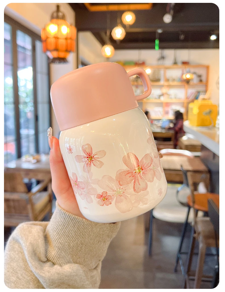 4-102 定制款樱花500ml焖烧杯女宽口银耳羹闷烧怀大容量便携保温