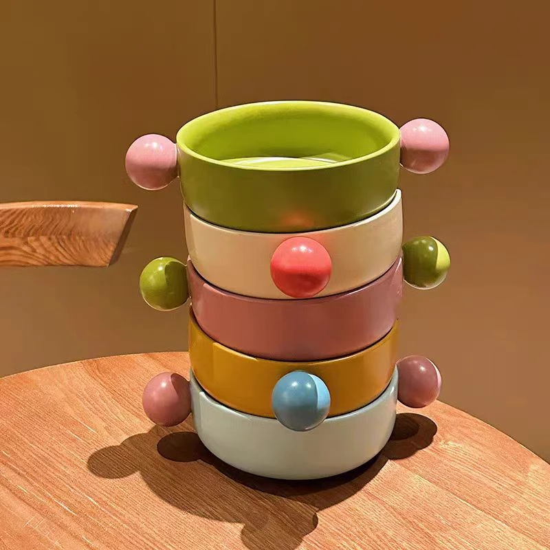 撞色球球米饭碗吃饭碗网红沙拉碗马卡龙双耳碗创意陶瓷