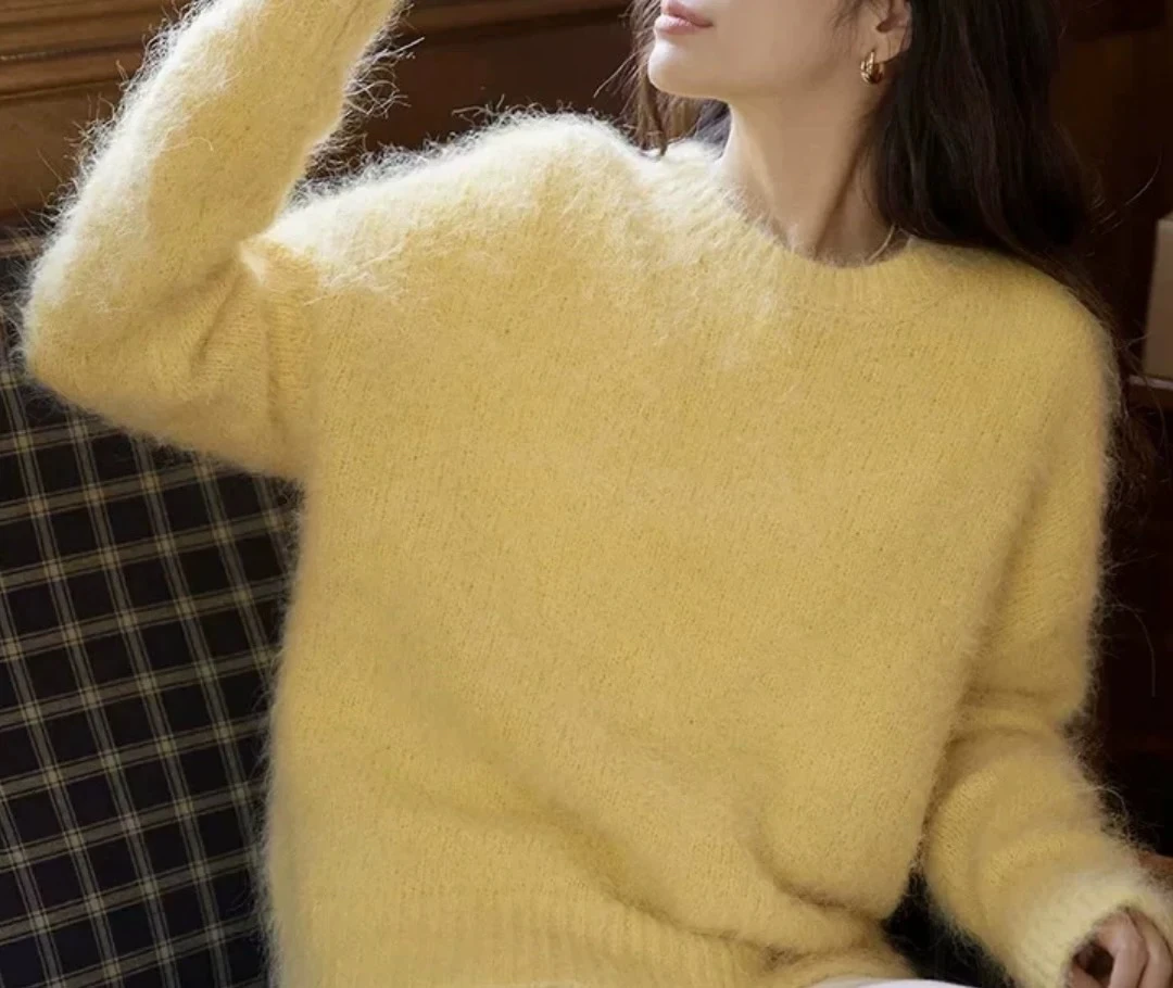 秋冬新款软糯套头圆领毛衣羊驼毛针织衫韩系慵懒风上衣