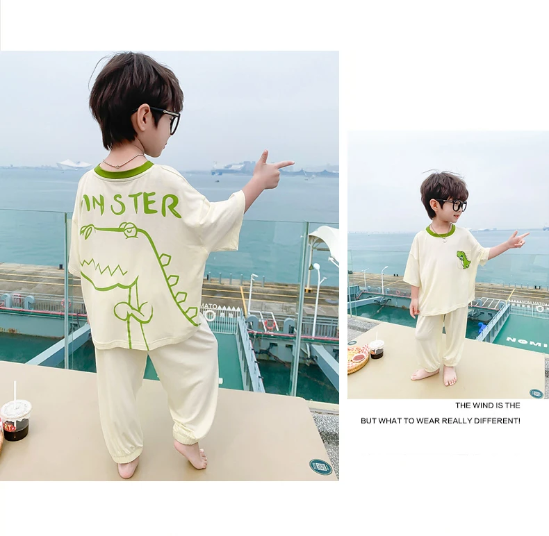 家居服两件套短袖薄款恐龙印花洋气卡通儿童款睡衣夏款男童中大童