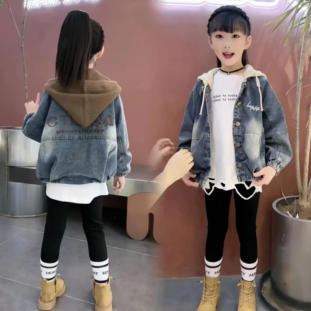 (亲子儿女同穿）新款春秋韩版洋气复古连帽儿童宽松中大童牛仔外套