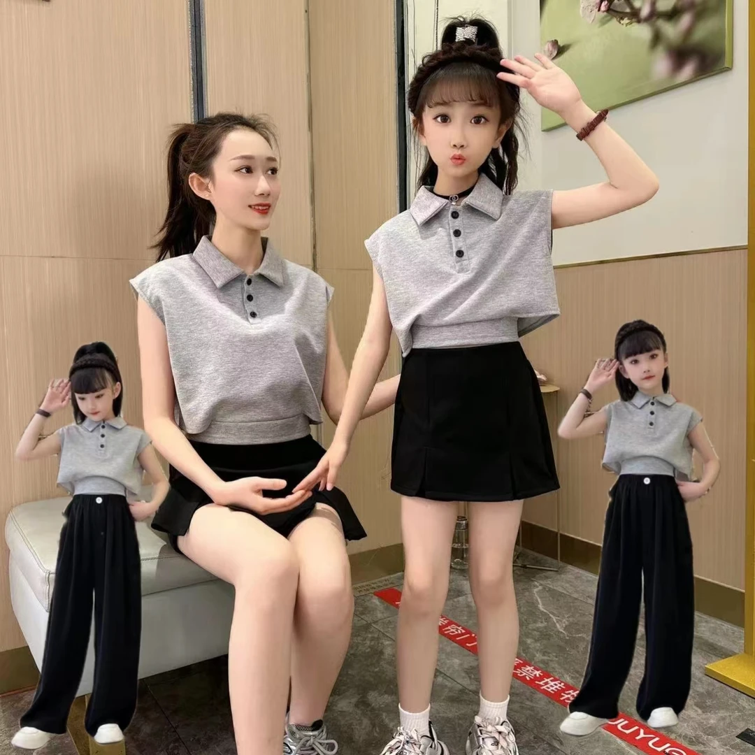 夏季新款潮流韩版休闲polo衫短袖套装女童简约设计感两件套潮