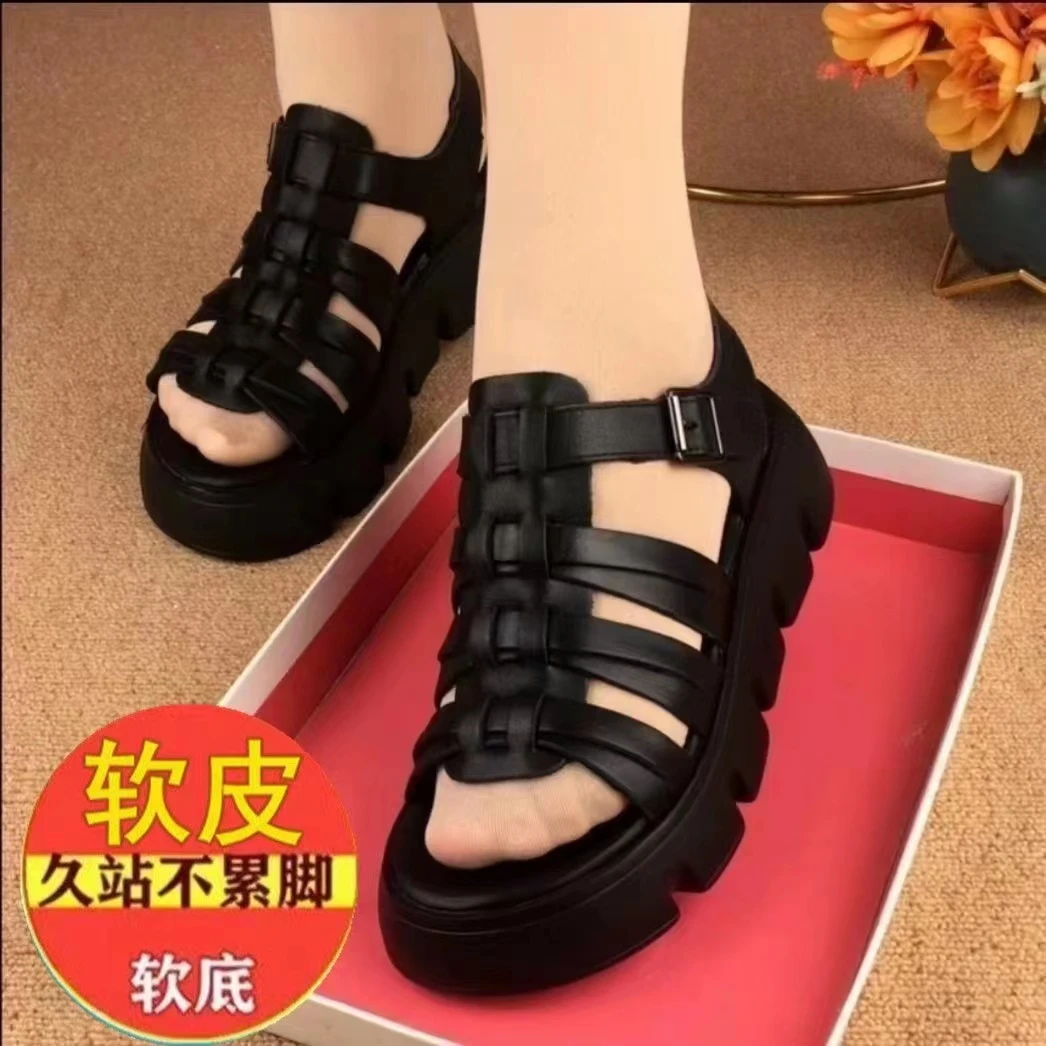 真软皮松糕厚底软底防滑凉鞋女2023夏季新款外穿防水台镂空罗马鞋