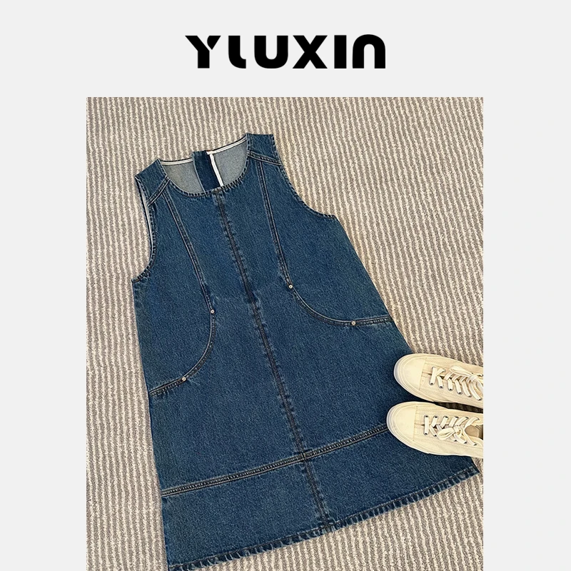【YUUXIN】牛仔连衣裙~夏季圆领牛仔无袖背心裙弧形分割连衣裙Ｘ