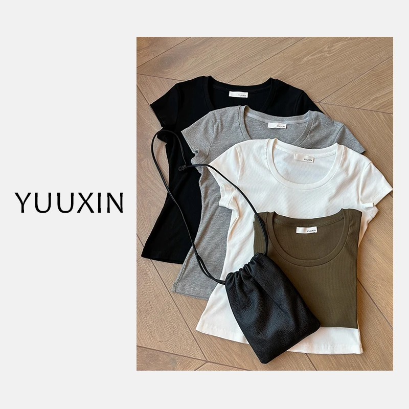 【YUUXIN】人手一件~夏季百搭简约纯色圆领竖条显瘦短袖T恤X