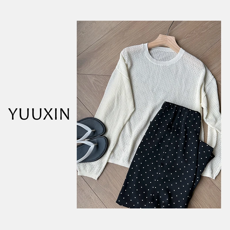 【YUUXIN】双股纱防晒~夏季简约薄款圆领镂空落肩长袖上衣X