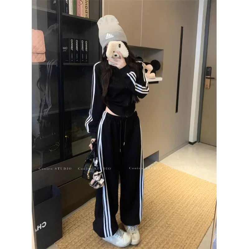 2025春季时尚三条杆套装美式运动风拉链立领外套阔腿休闲裤套装