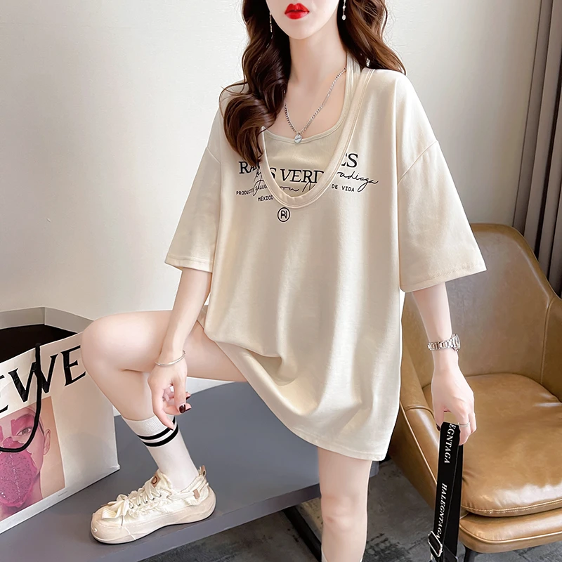 纯棉抹胸短袖t恤女减龄时尚套装宽松镂空辣妹挂脖小吊带两件套夏