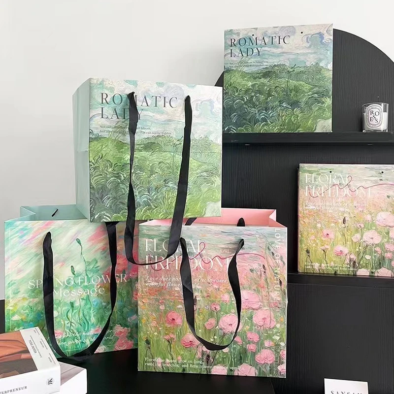 油画系列手提袋鲜花插花礼物礼品手提包装盒花店手工DIY