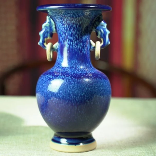 陶瓷花瓶钧瓷窑变高端瓷器摆件高档插花艺术品收藏玄双龙关活环瓶