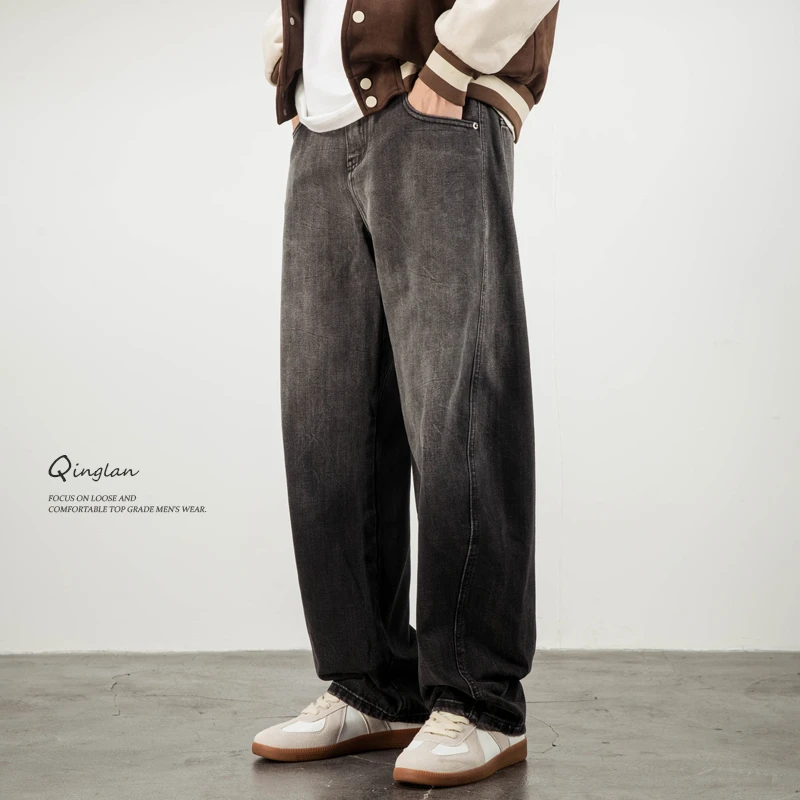 弯刀牛仔裤男直筒宽松阔腿垂感美式潮牌休闲渐变色水洗裤子秋冬款