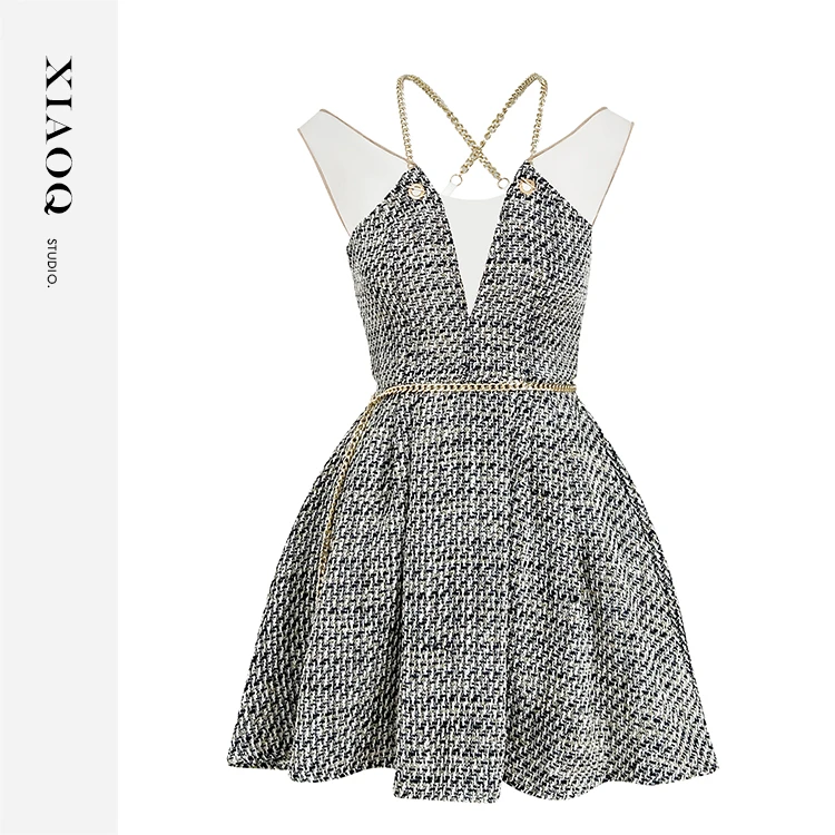 【小Q家】36477法式小香风格纹挂脖连衣裙性感深v收腰无袖a字短裙T