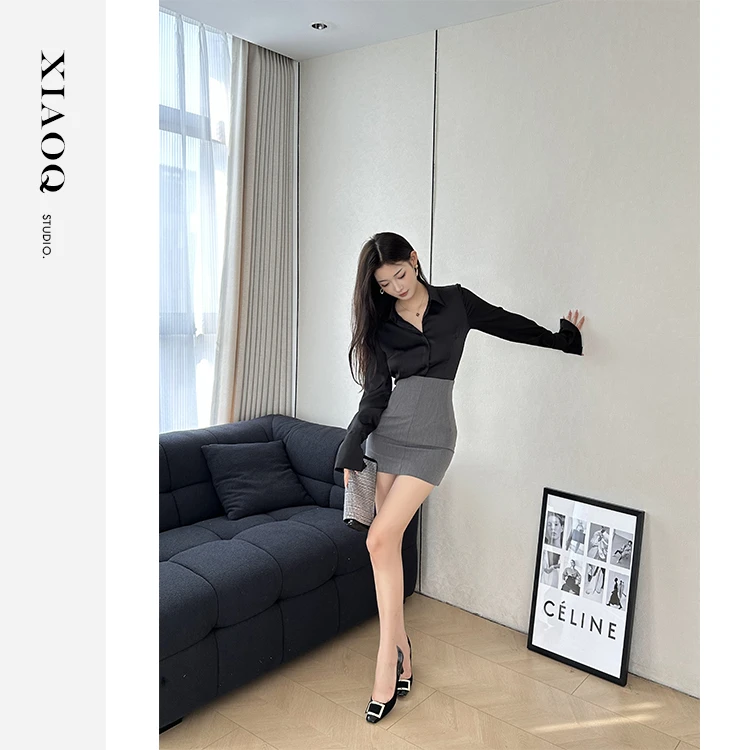 【小Q家】5759纯欲风性感超高腰半裙+黑色质感衬衫T