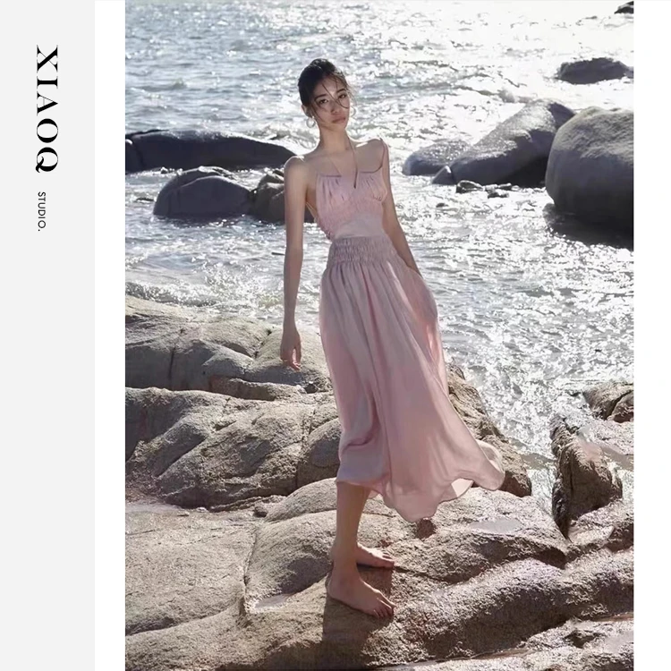 小Q家 5763【窈窕淑女】 粉色性感露背长裙夏日沙滩气质连衣裙甜美T