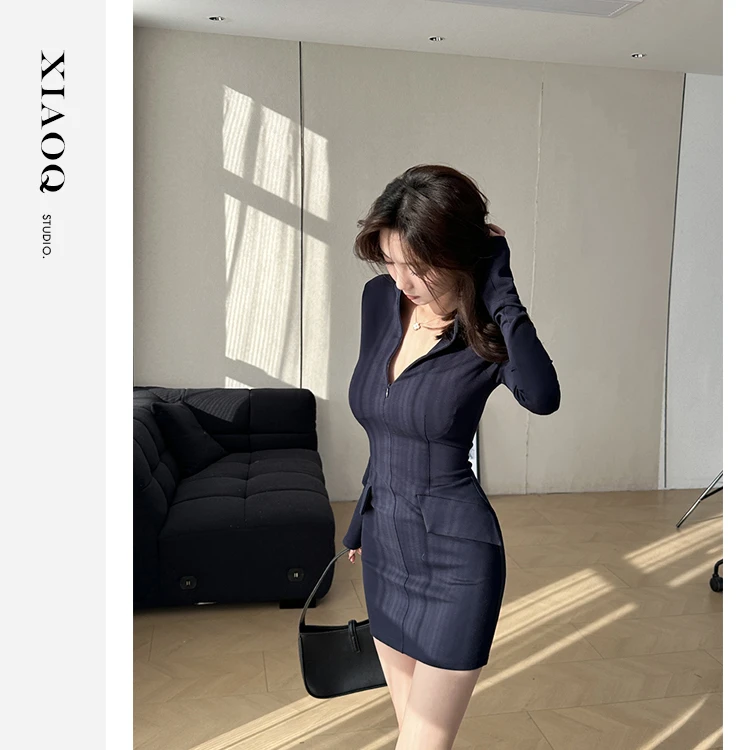 【小Q家】8627立领设计感口袋装饰收腰修身包臀裙