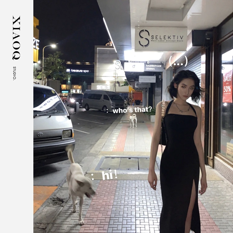 小Q家1176【持靓行凶|酷飒性感 小众高定复古港风开叉礼服裙】T