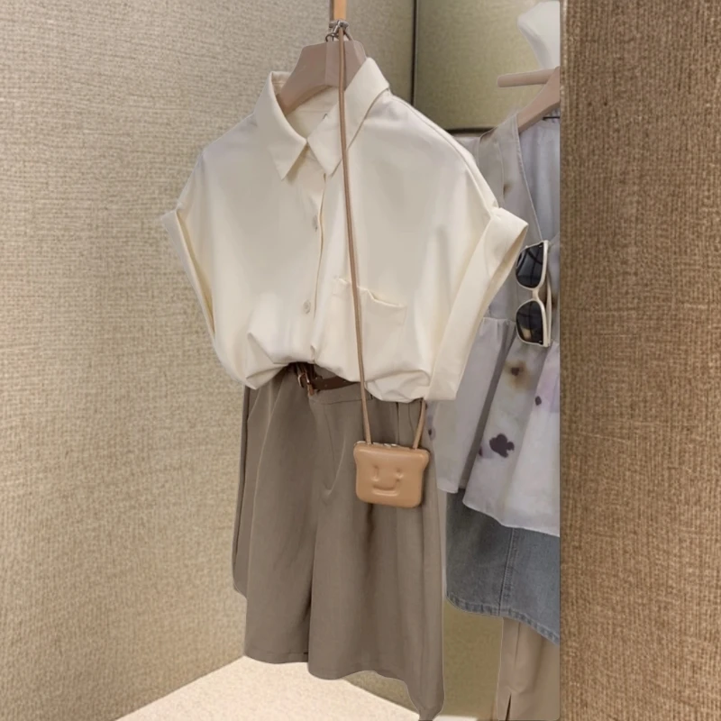 设计师款时尚宽松百搭短袖衬衫休闲薄款纯色衬衣显瘦气质网红6119