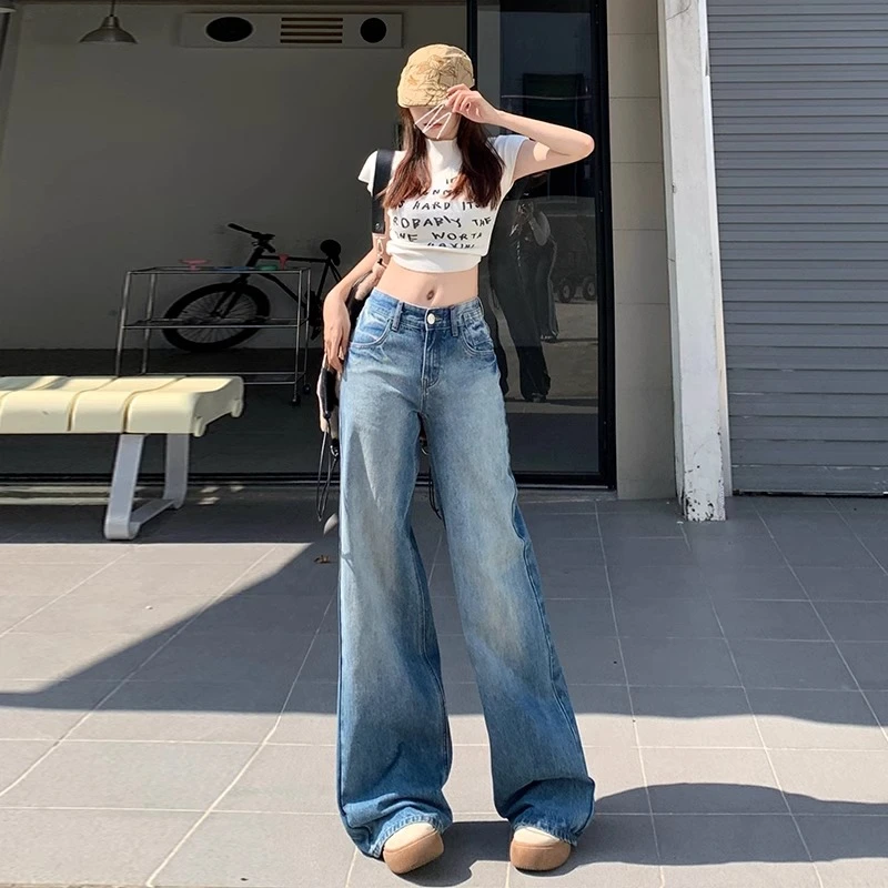 复古高腰垂感水洗直筒牛仔裤女2025春季新款宽松百搭加长阔腿裤