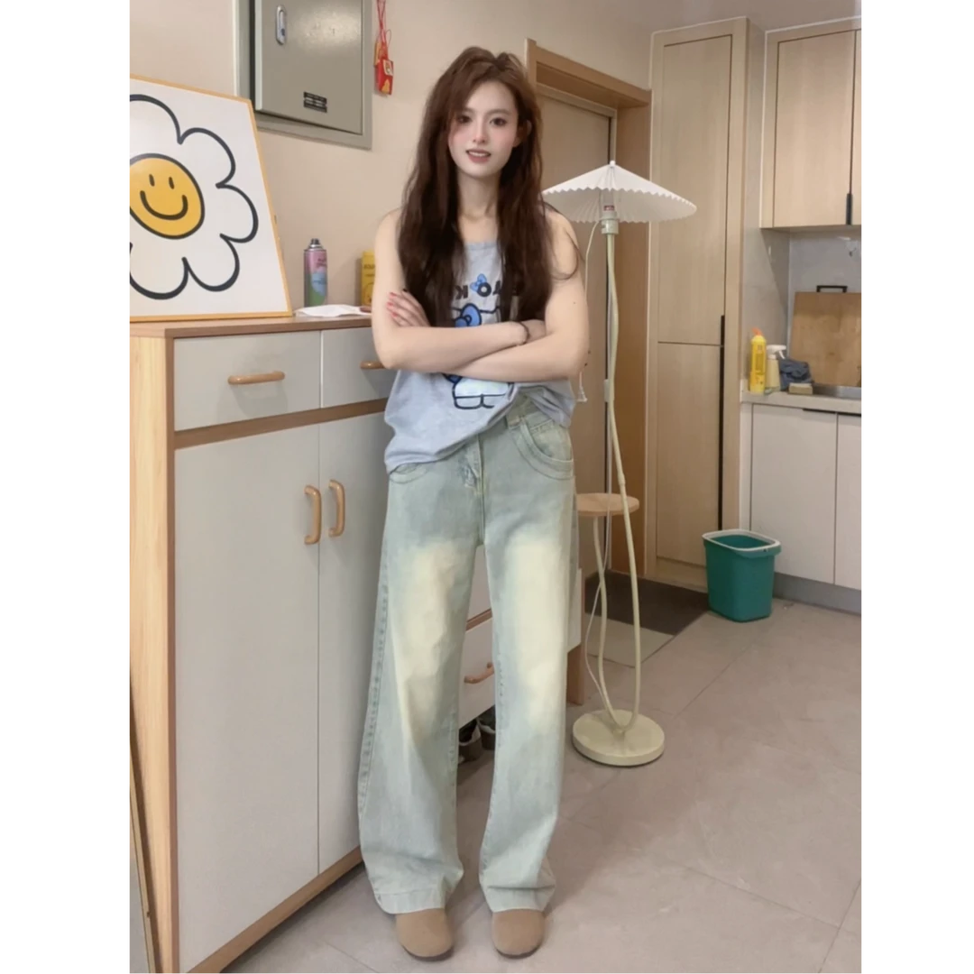 加长版美式高街阔腿牛仔裤女秋季高腰宽松显瘦直筒垂感拖地裤子