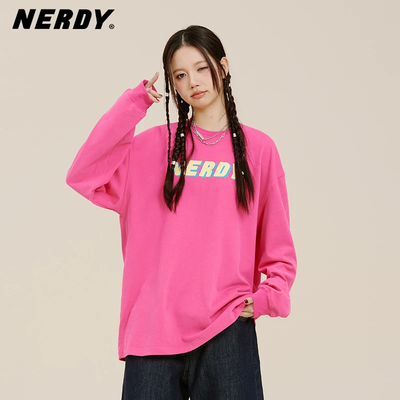 NERDY2024早春新品撞色logo宽松休闲情侣装长袖t恤潮流女上衣
