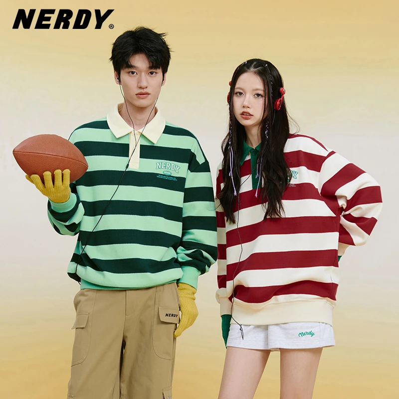 NERDY2024春季情侣同款宽松休闲粗条纹POLO领卫衣女