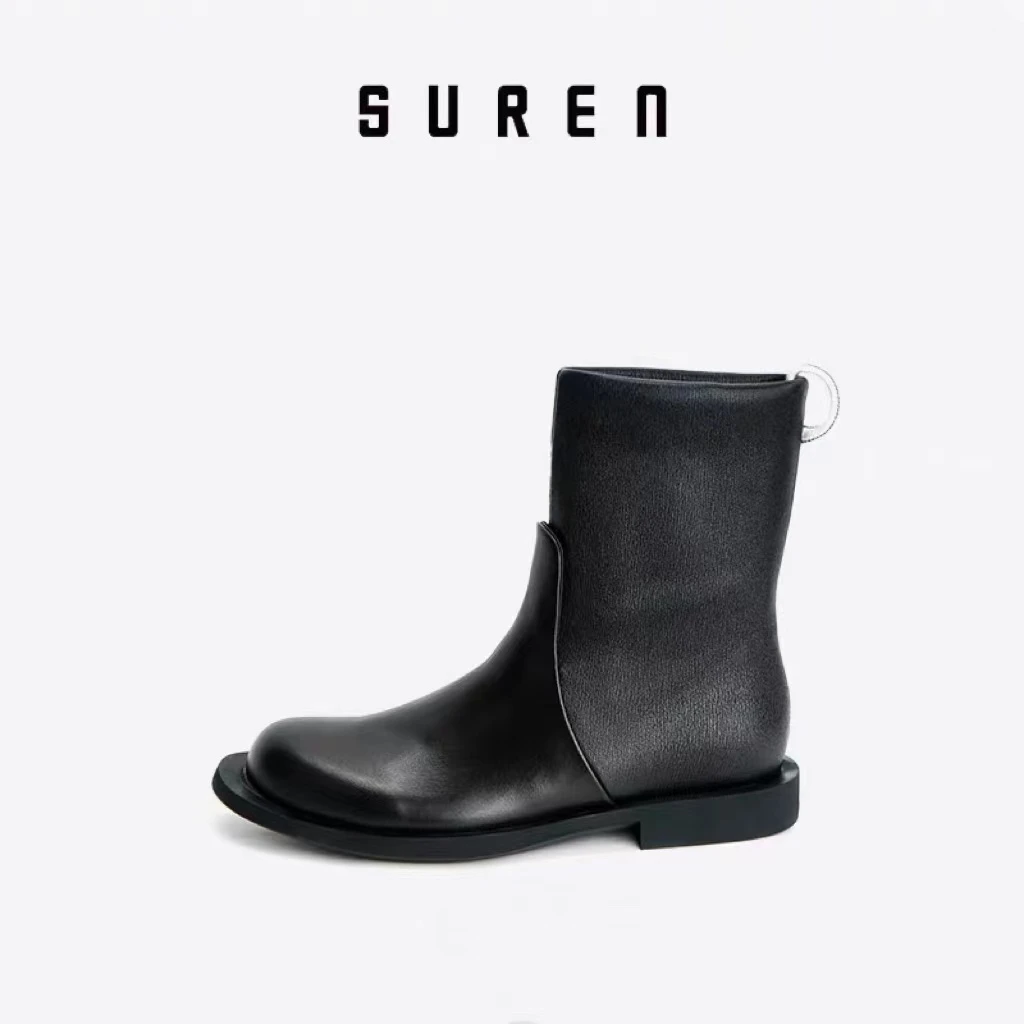 素人女士真皮轻奢专柜中筒骑士靴秋冬季时尚百搭马丁靴靴短靴252