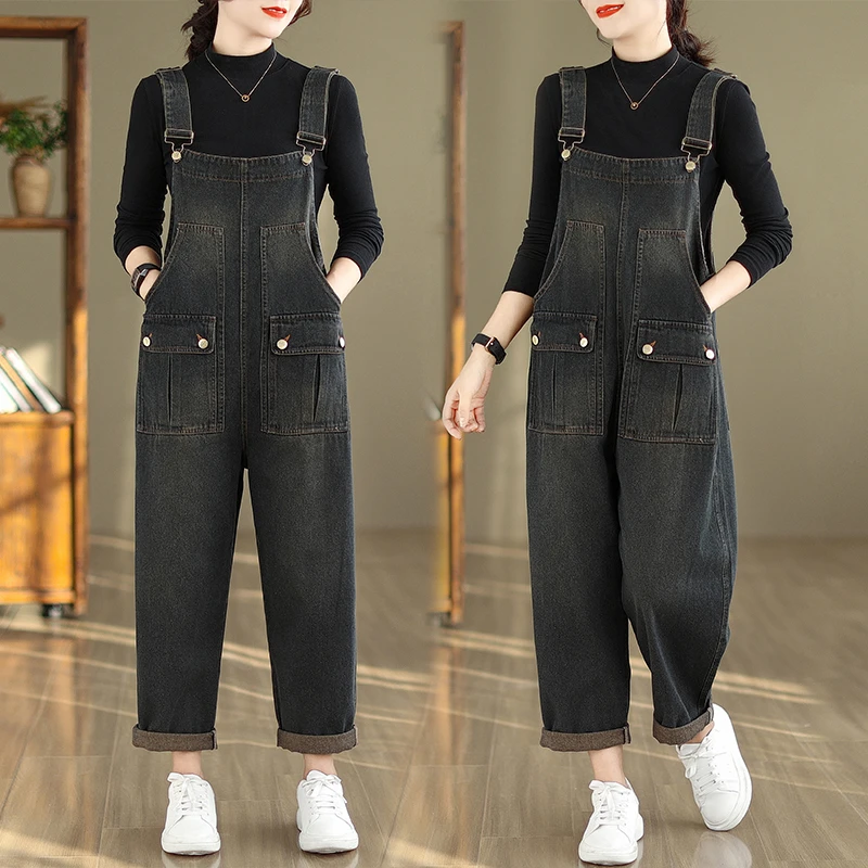 2024秋冬宽松显瘦做旧牛仔背带裤