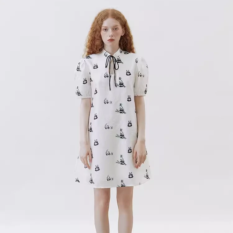 【小呆鸟专享】熊猫蝴蝶结系带旗袍领宽松连衣裙