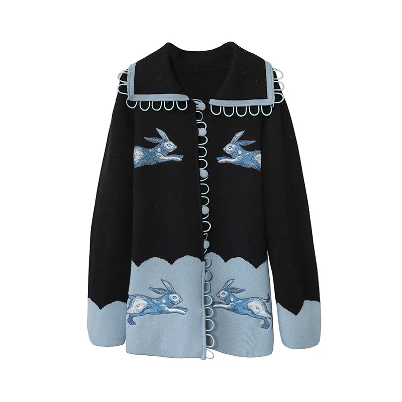 【小呆鸟专享】 青花元素兔子刺绣线圈装饰针织开衫