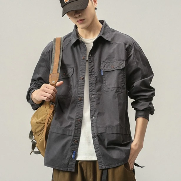 长袖纯色水洗春夏薄款大码百搭日系宽松休闲复古翻领外套男士牛仔