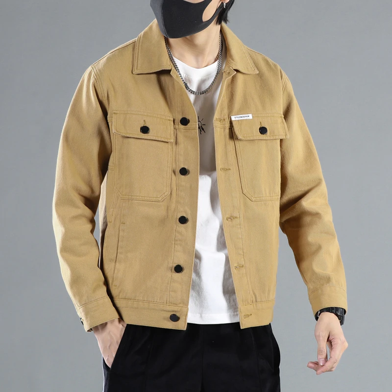 【潮掌柜】男装牛仔外套男潮牌青年帅气宽松卡其色翻领工装夹克