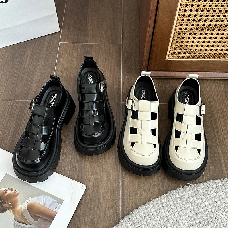 厚底编织女夏罗马凉鞋 2025时尚百搭包头休闲中跟凉鞋英伦小皮鞋