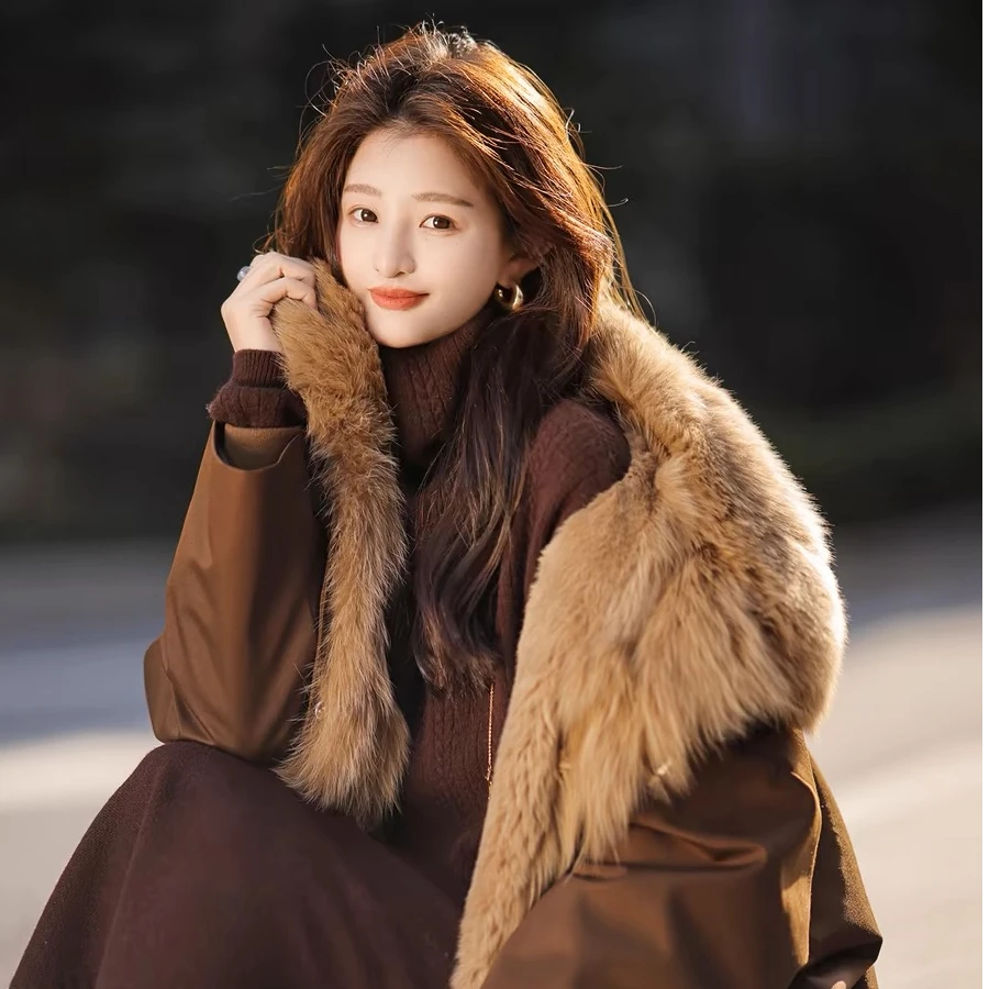 派克服女中长款冬季新款翻领毛毛外套大衣时尚保暖宽松大毛领棉服