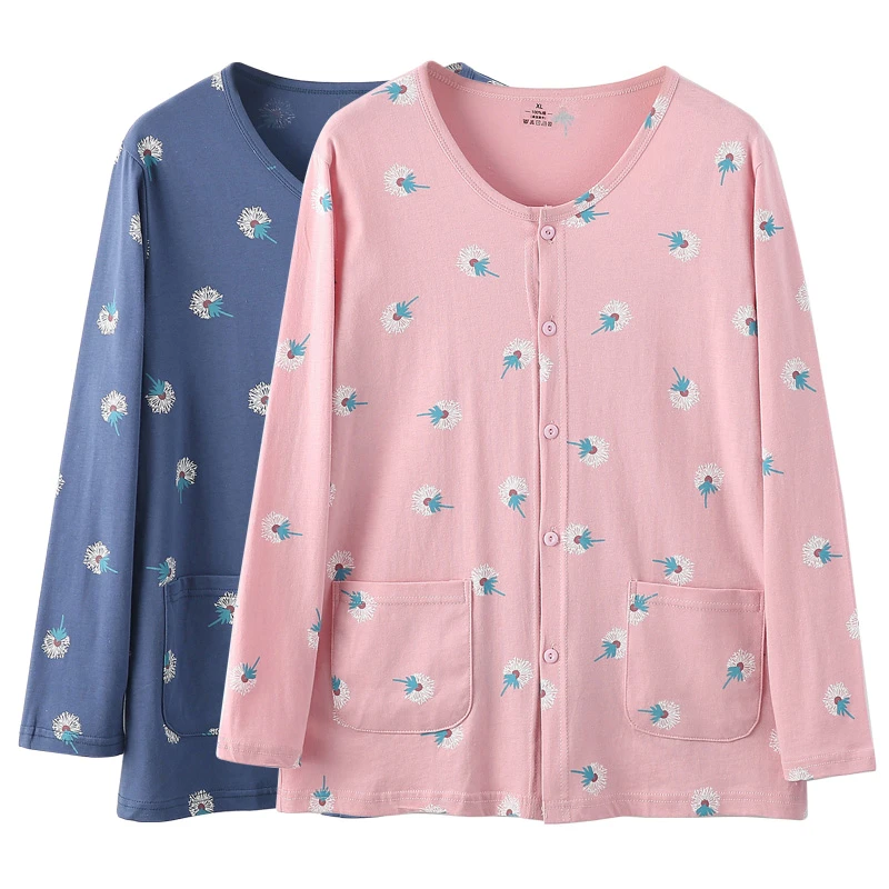睡衣女士春秋纯棉长袖家居服宽松大码夏季薄款空调服单件开衫上衣