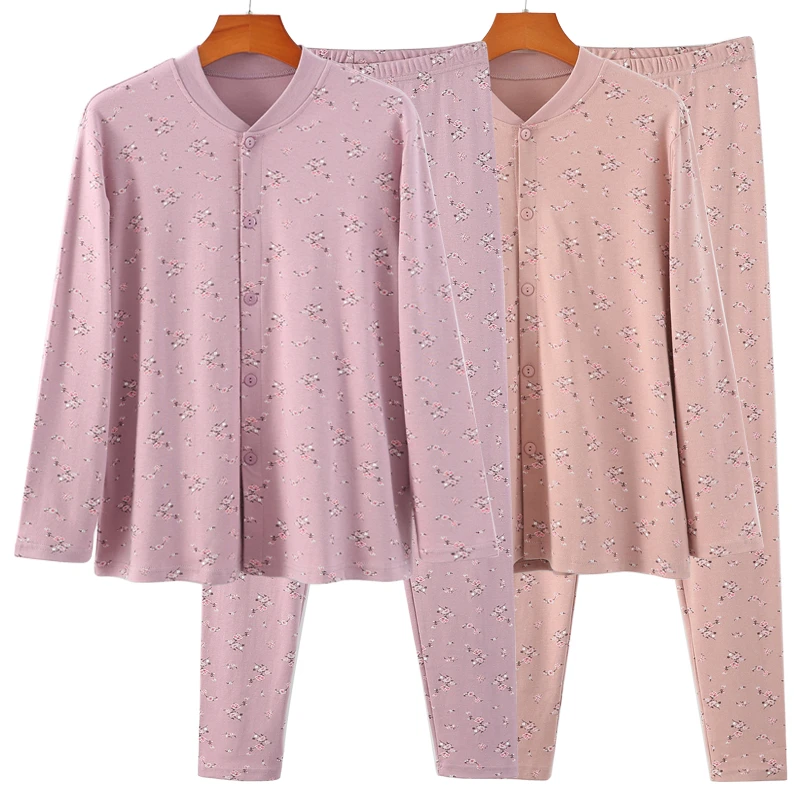 妈妈纯棉开衫秋衣秋裤套装女中老年人薄款保暖内衣开身系扣棉毛衫