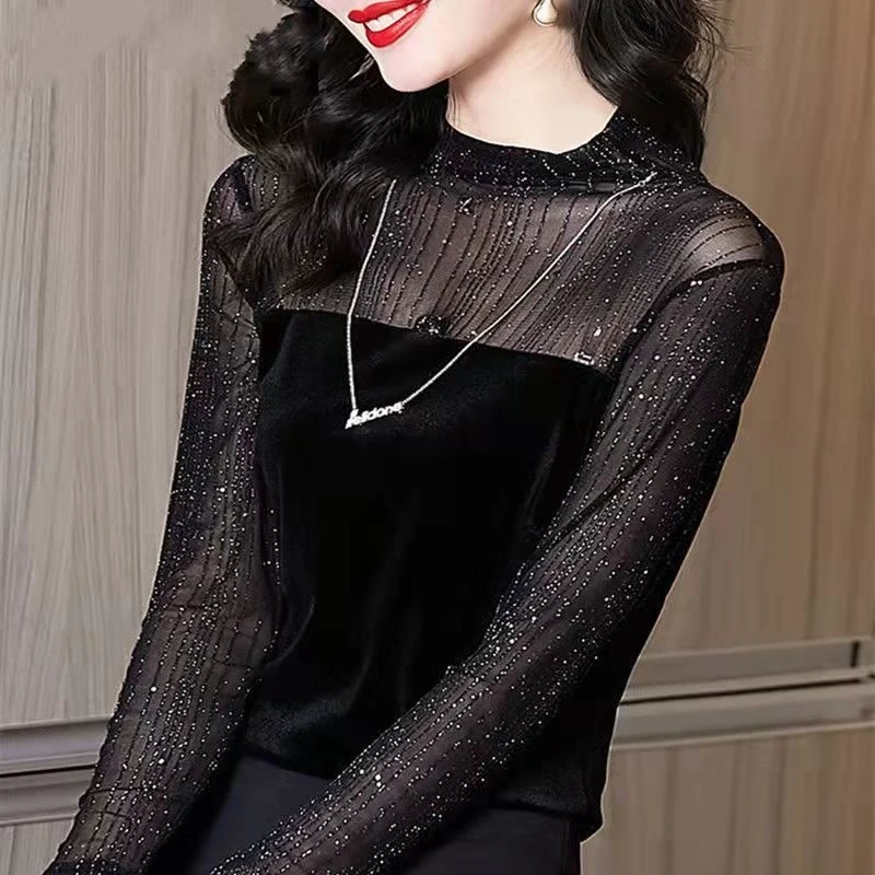 【宝藏衣橱】拼接蕾丝内搭上衣女秋冬新款修身显瘦长袖打底衫 286M