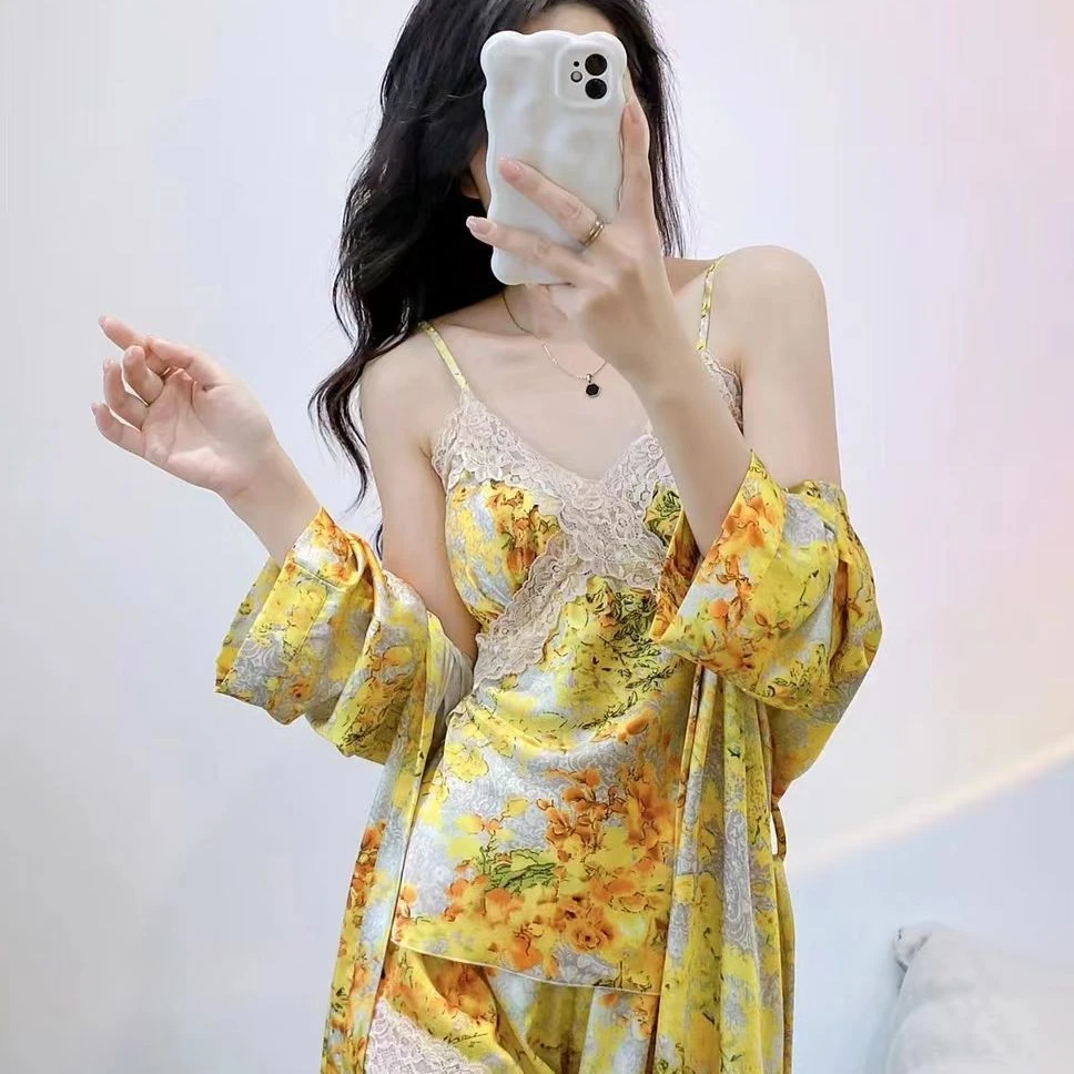 迷人夜纯欲睡衣套装丝绸质感蕾丝性感黄色战袍制服诱惑内衣女3051